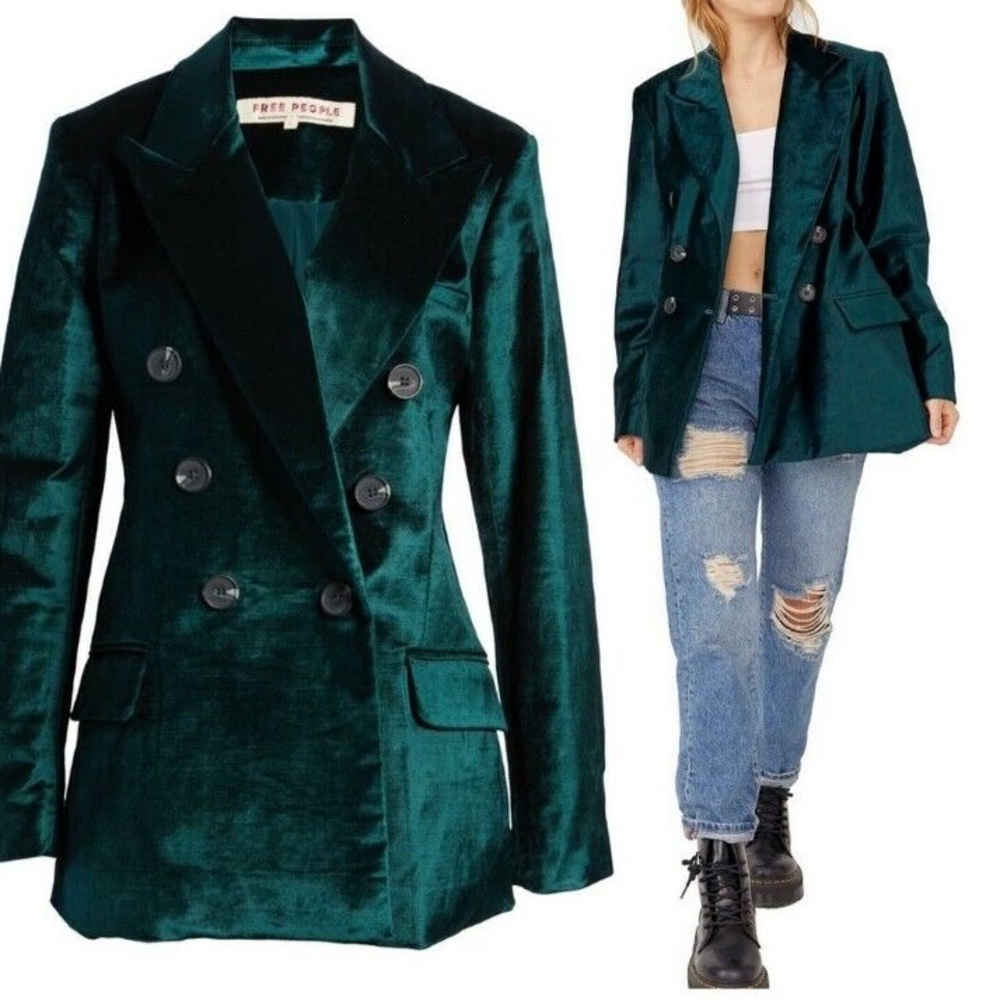 Free People Green Ashby Velvet Double-Breasted Blazer